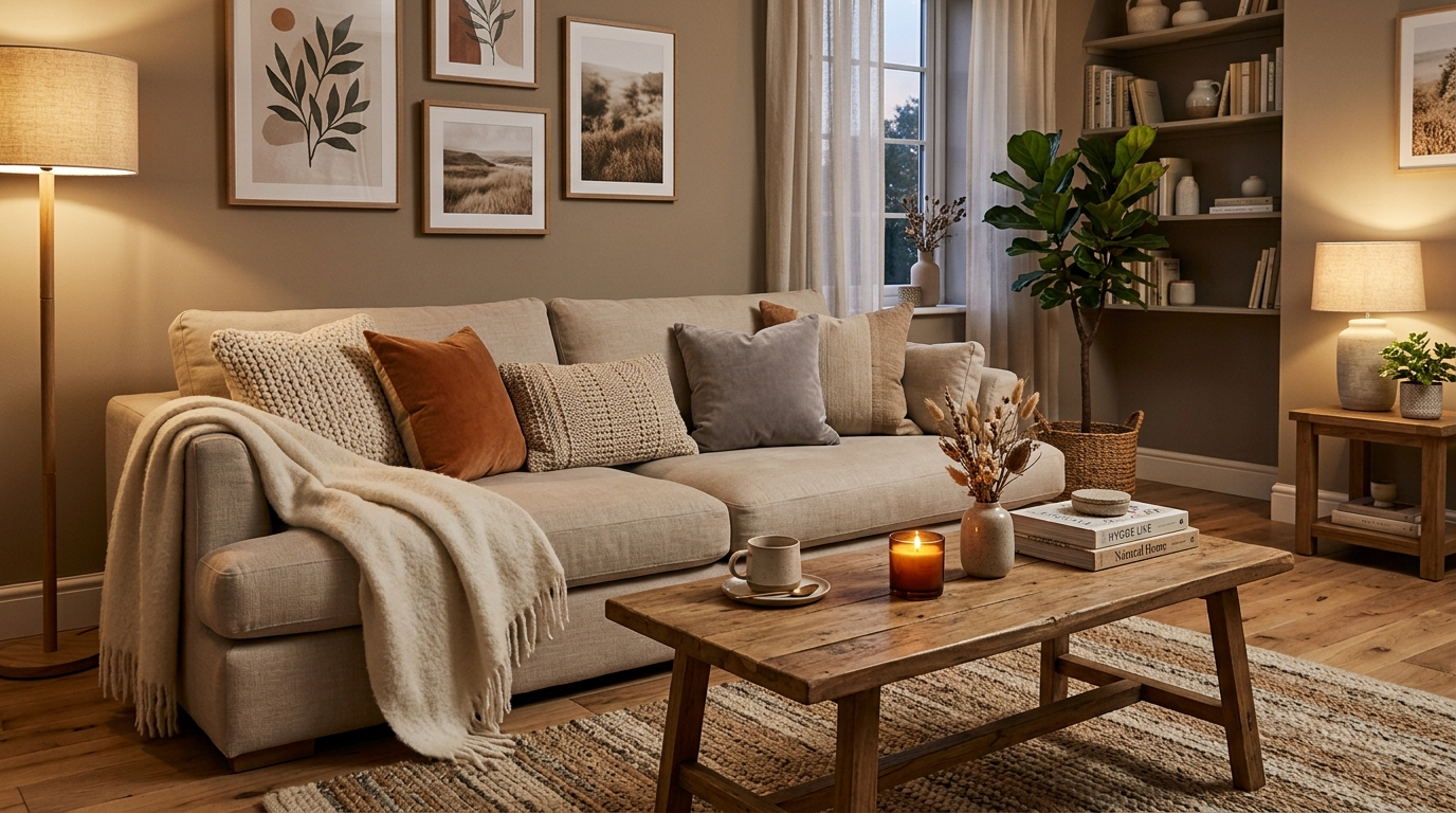 A cozy, styled living room with layered textures.